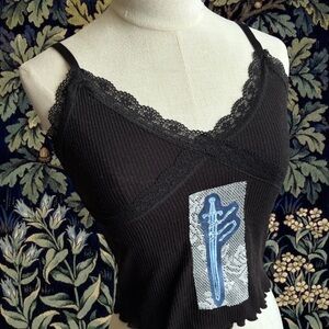 Black Lace Trim Tank Top with Blue Sword Patch